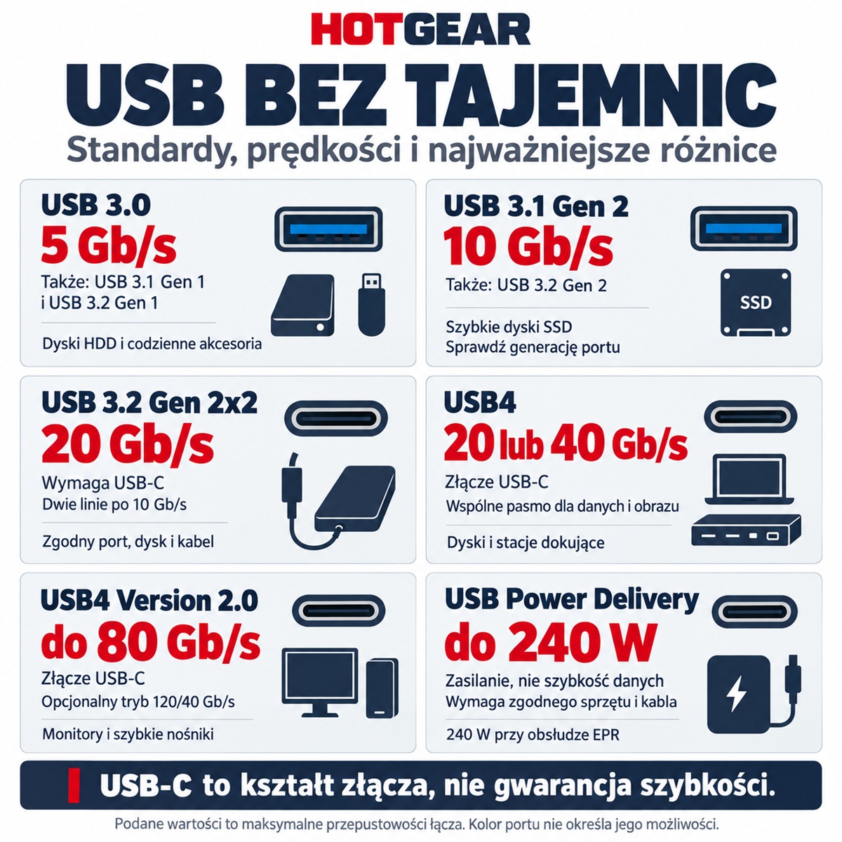 Tabela porównująca możliwości poszczególnych typów USB
