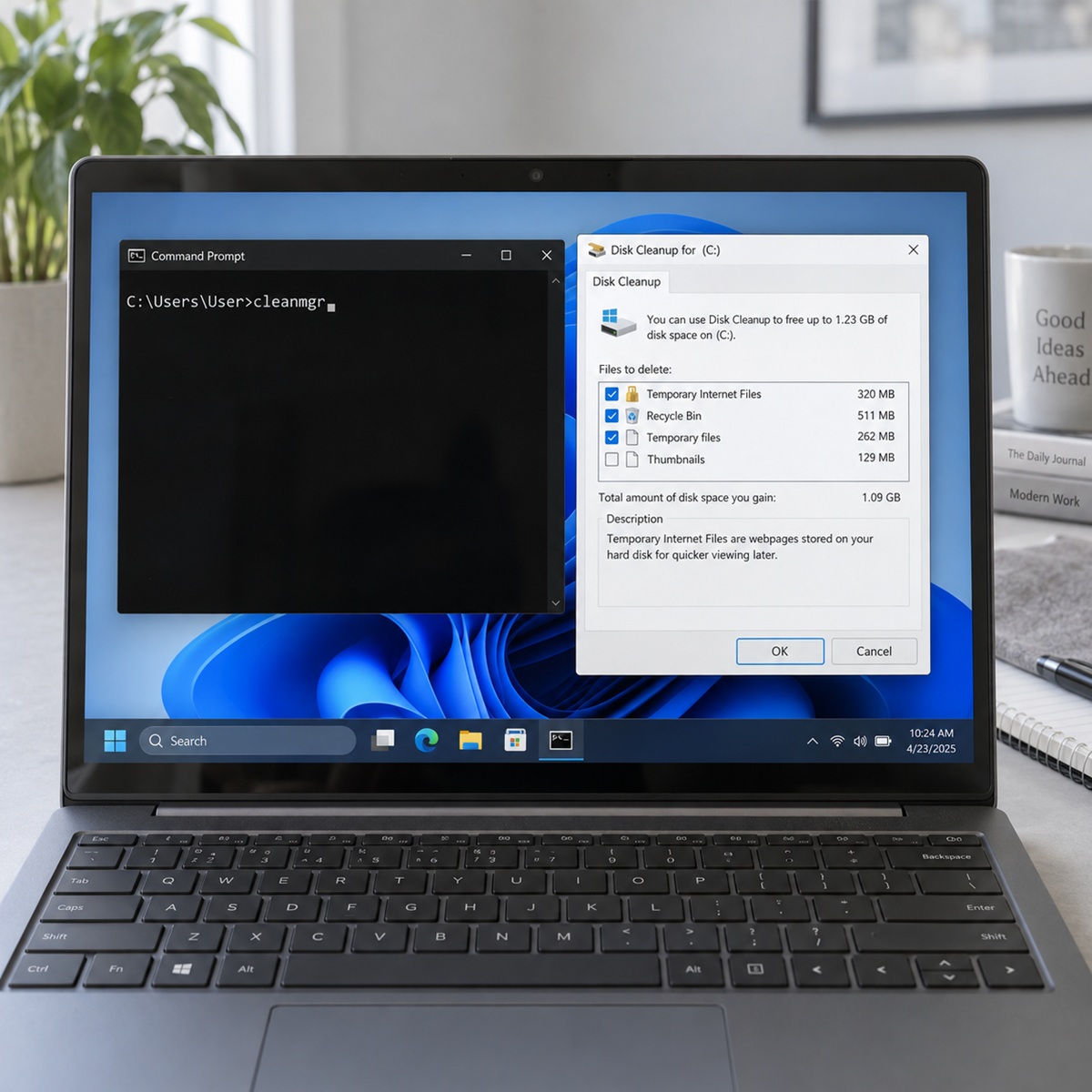 Laptop z otwartym narzędziem do czyszczenia zawartości dysku.