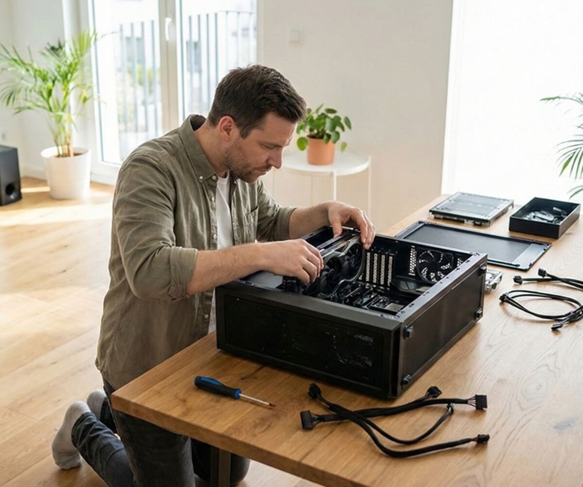 Mężczyzna samodzielnie składający swój komputer PC.