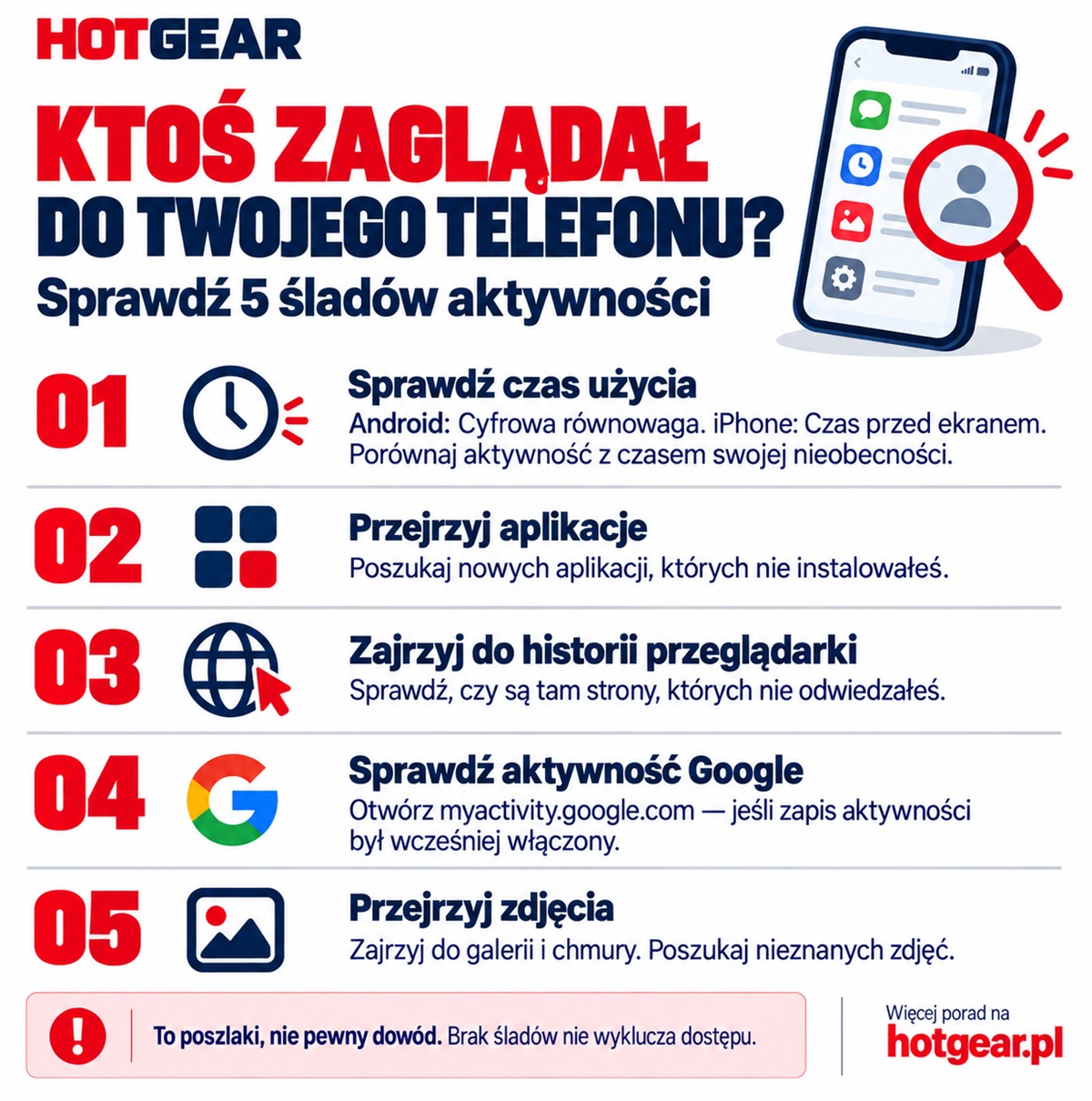 Tabela z krokami, które należy wykonać gdy podejrzewamy, że ktoś przeglądał nasz telefon. 