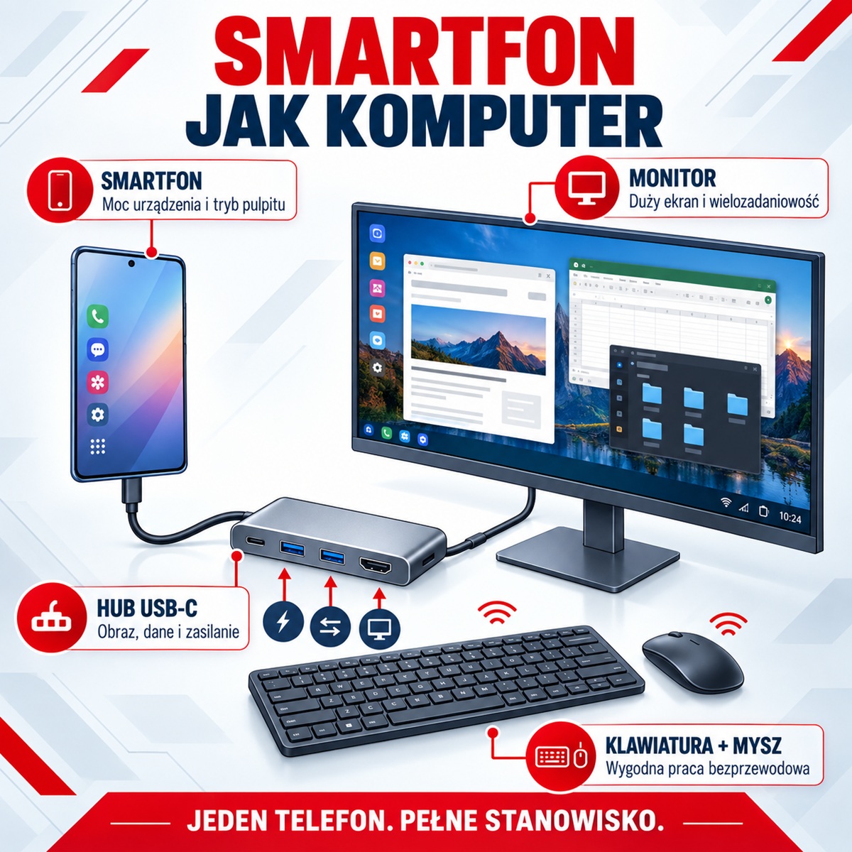 Grafika przedstawiająca konfigurację trybu stacjonarnego w smartfonie.