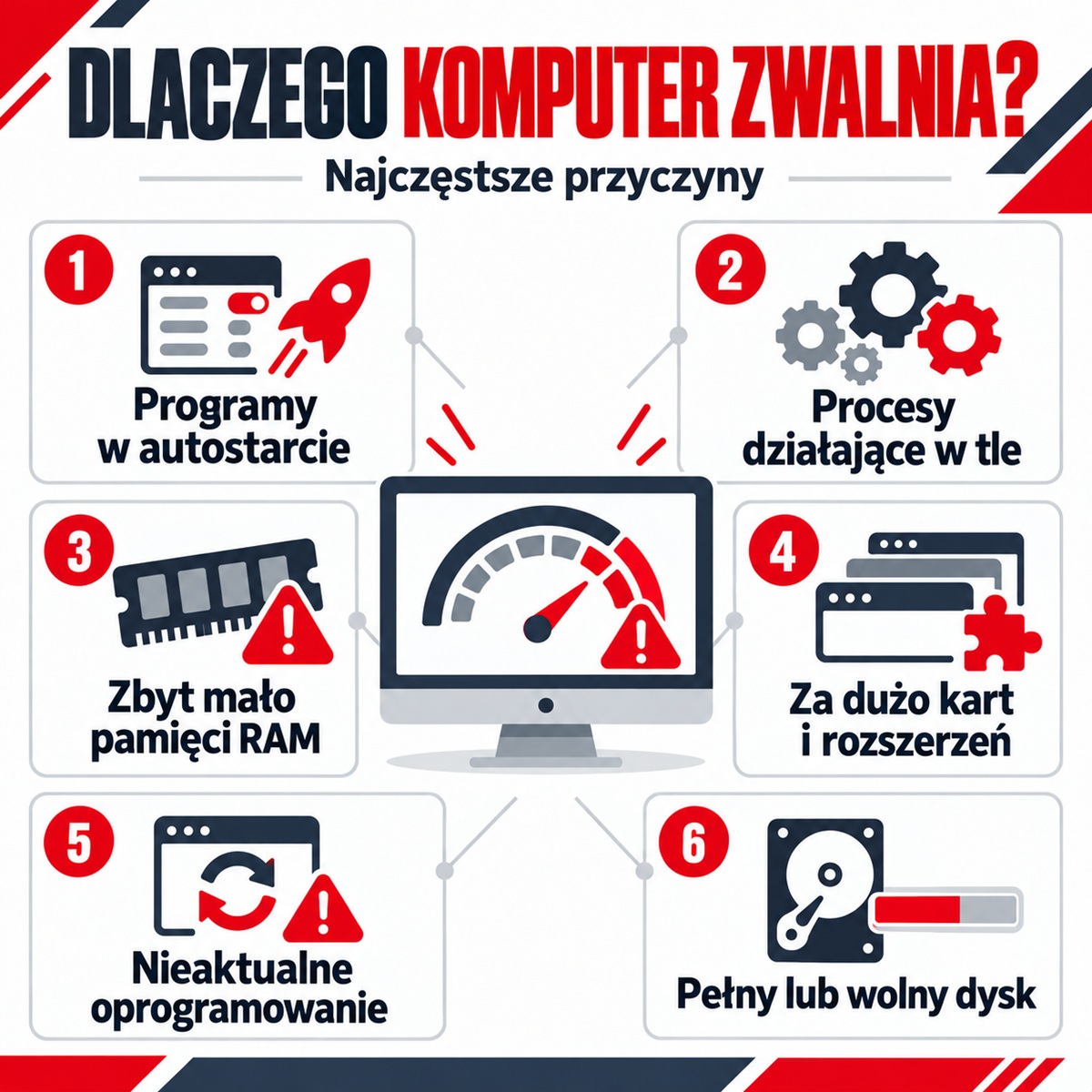 Tabela przedstawiająca przyczyny spowalniania komputera.