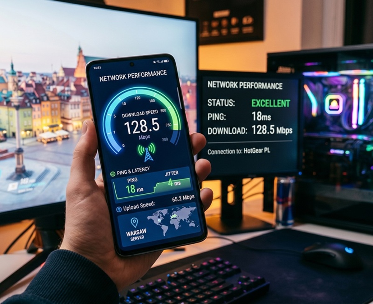 Smartfon z danymi na temat połączenia internetowego w tym szybkości i Pingu.