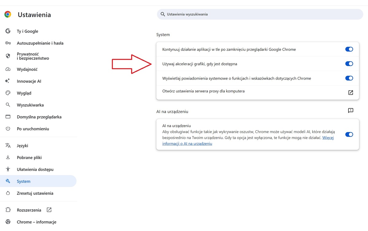 Karta ustawień w przeglądarce Google Chrome