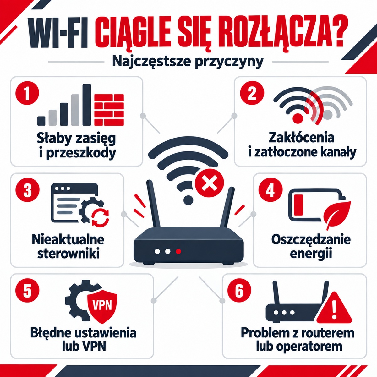 Tabela pokazująca najczęstsze przyczyny problemów z siecią Wi-Fi.