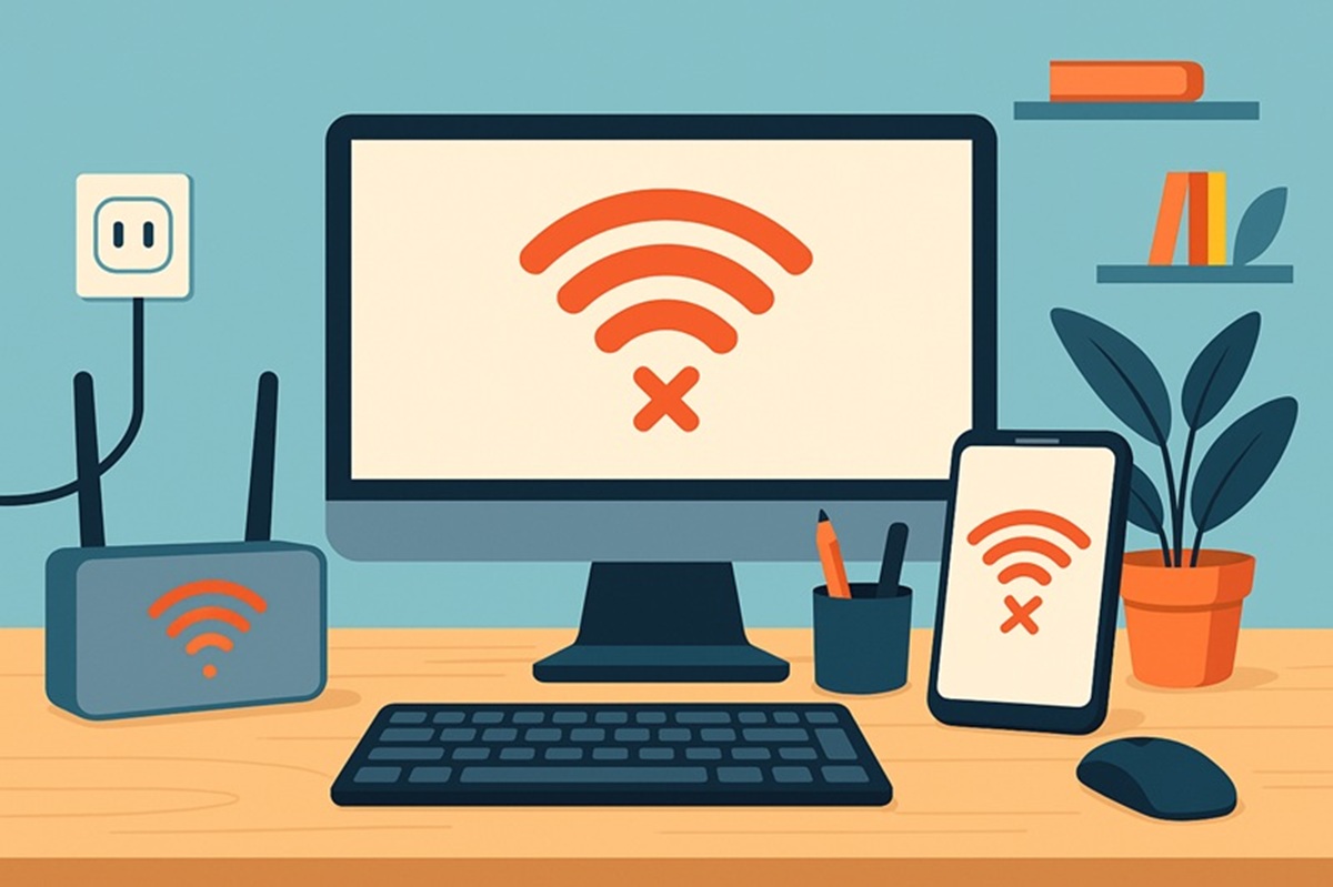 Grafika poglądowa pokazująca problemy z siecią Wi-Fi na komputerze.