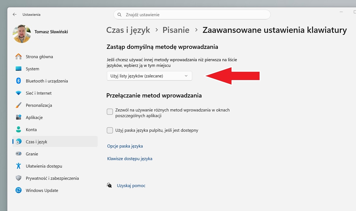 Karta zaawansowane ustawienia klawiatury w Windows 11