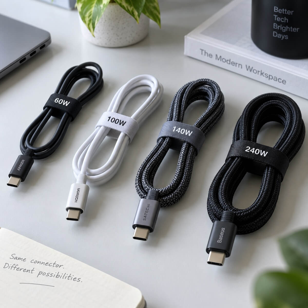 Różne typy przewodów USB-C do ładowania.